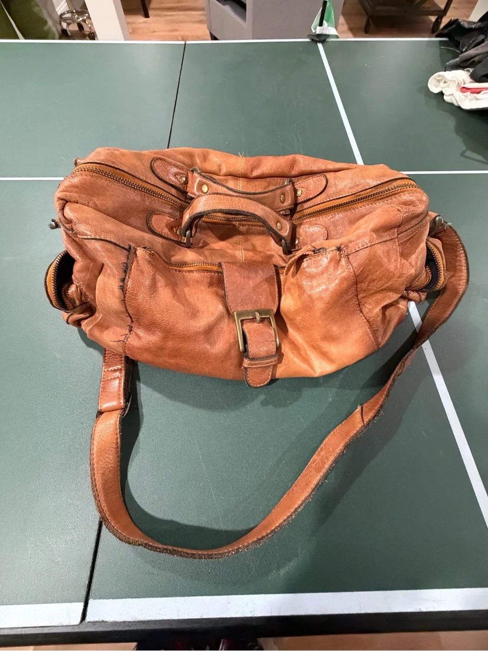 Leather Messenger Bag in Warm Brown with Buckle Detail